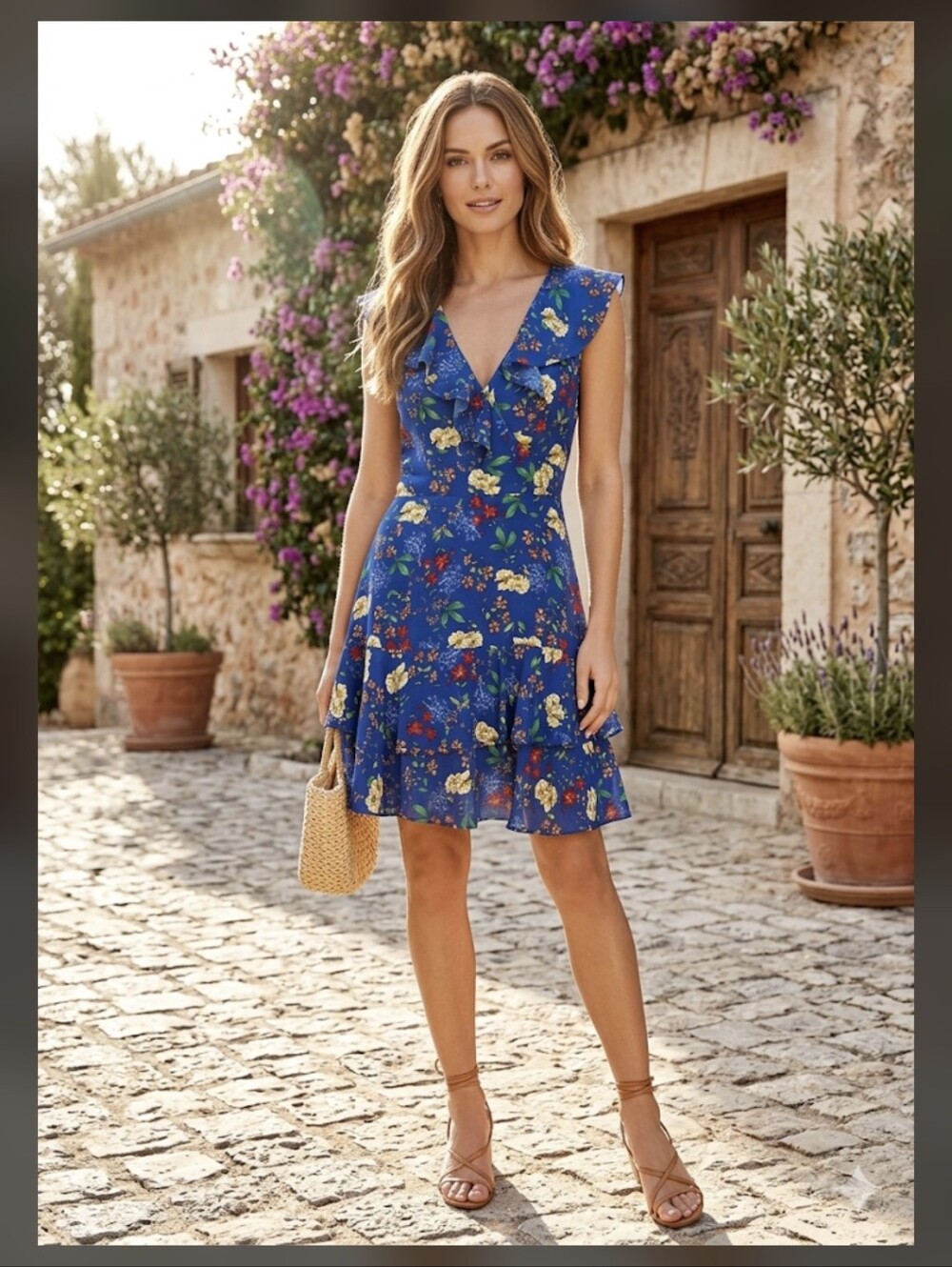 Nichole Miller Royal Blue Floral V-Neck Ruffle Dress